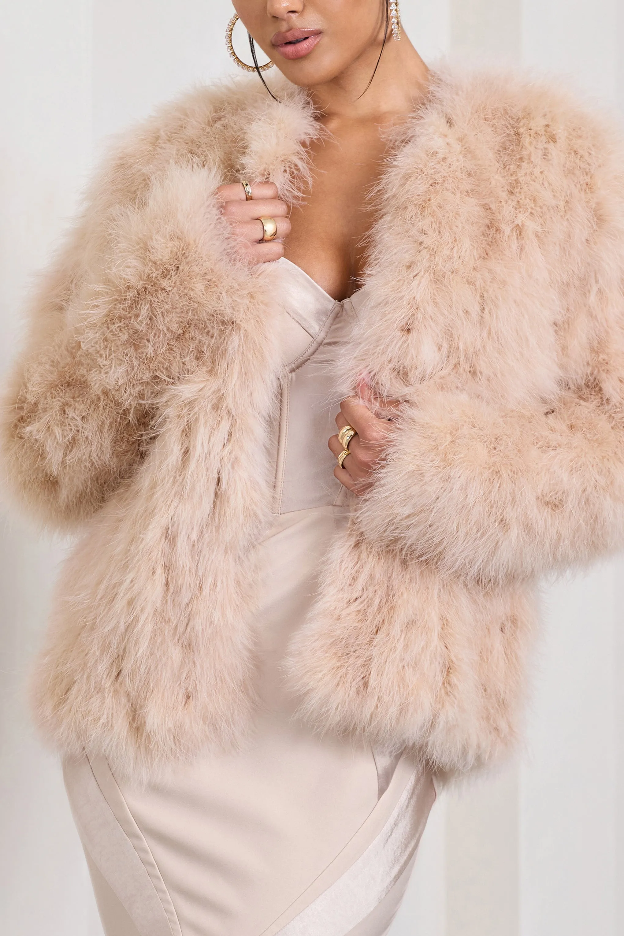 Aves | Champagne Short Fluffy Feather Jacket