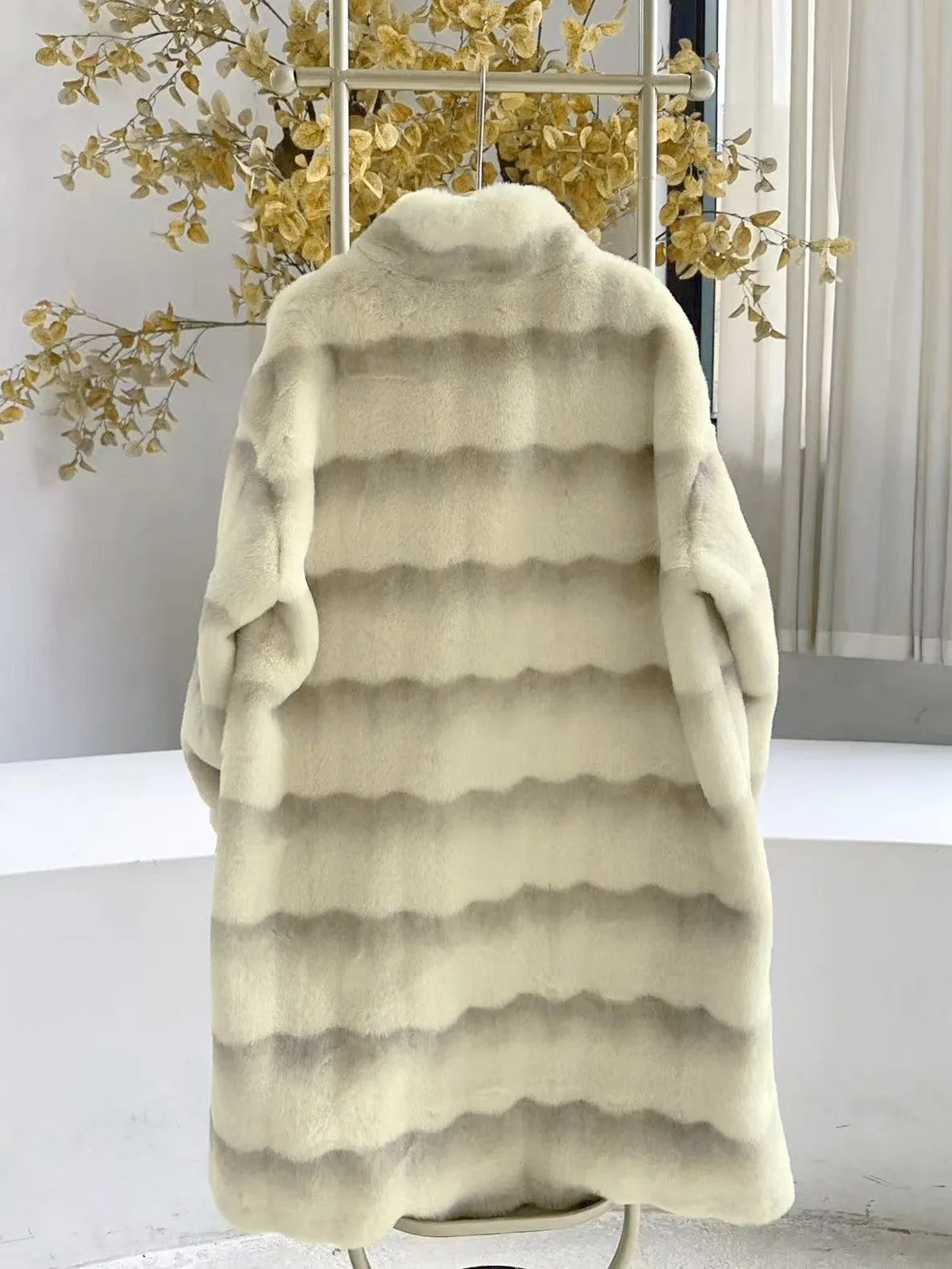 Beige 1950s Stripe Faux Fur Plush Coat