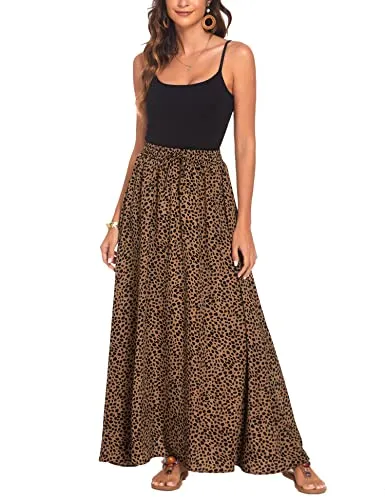 Bluetime Women Flowy Long Skirts Leopard Print Boho Summer Beach Lightweight Pleated Chiffon Skirts (L, Floral8)