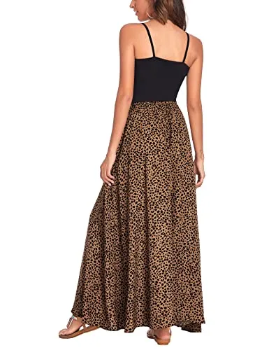 Bluetime Women Flowy Long Skirts Leopard Print Boho Summer Beach Lightweight Pleated Chiffon Skirts (L, Floral8)