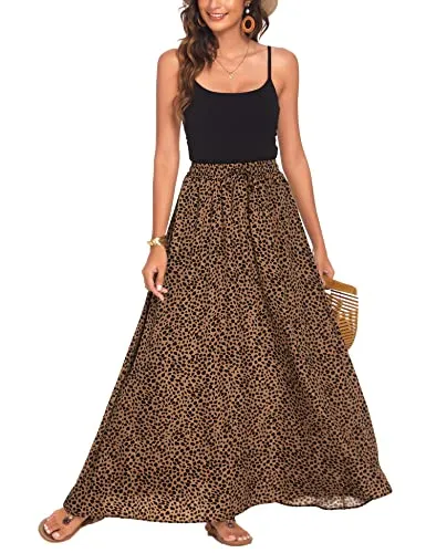 Bluetime Women Flowy Long Skirts Leopard Print Boho Summer Beach Lightweight Pleated Chiffon Skirts (L, Floral8)