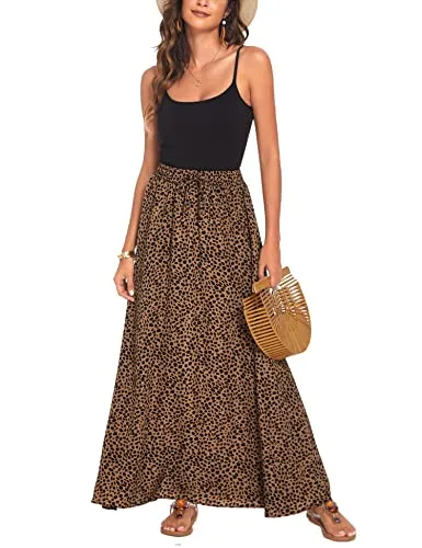 Bluetime Women Flowy Long Skirts Leopard Print Boho Summer Beach Lightweight Pleated Chiffon Skirts (L, Floral8)