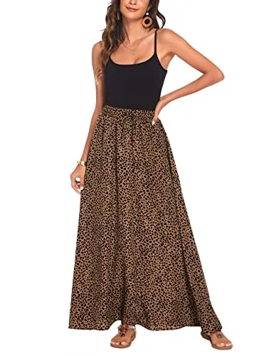 Bluetime Women Flowy Long Skirts Leopard Print Boho Summer Beach Lightweight Pleated Chiffon Skirts (L, Floral8)