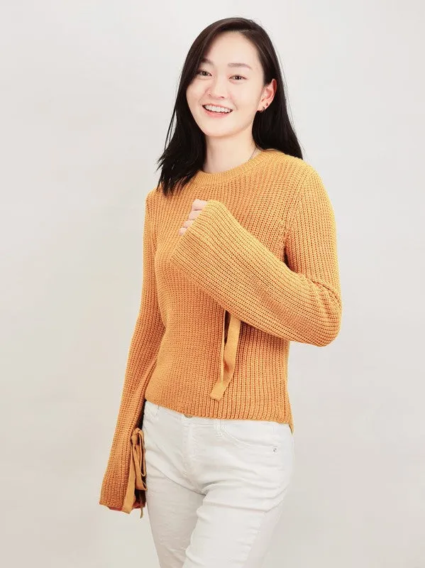 Bow Bell Sleeve Waffle Knit Sweater Pullover