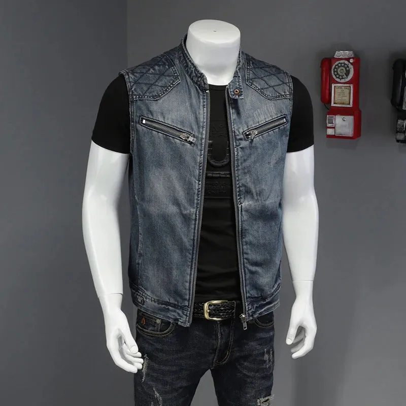 DIMUSI Mens Denim Vests Vintage Fashion Design Retor Sleeveless Jackets Men Streetwear Ripped Hole Punk Jean Waistcoats Clothing