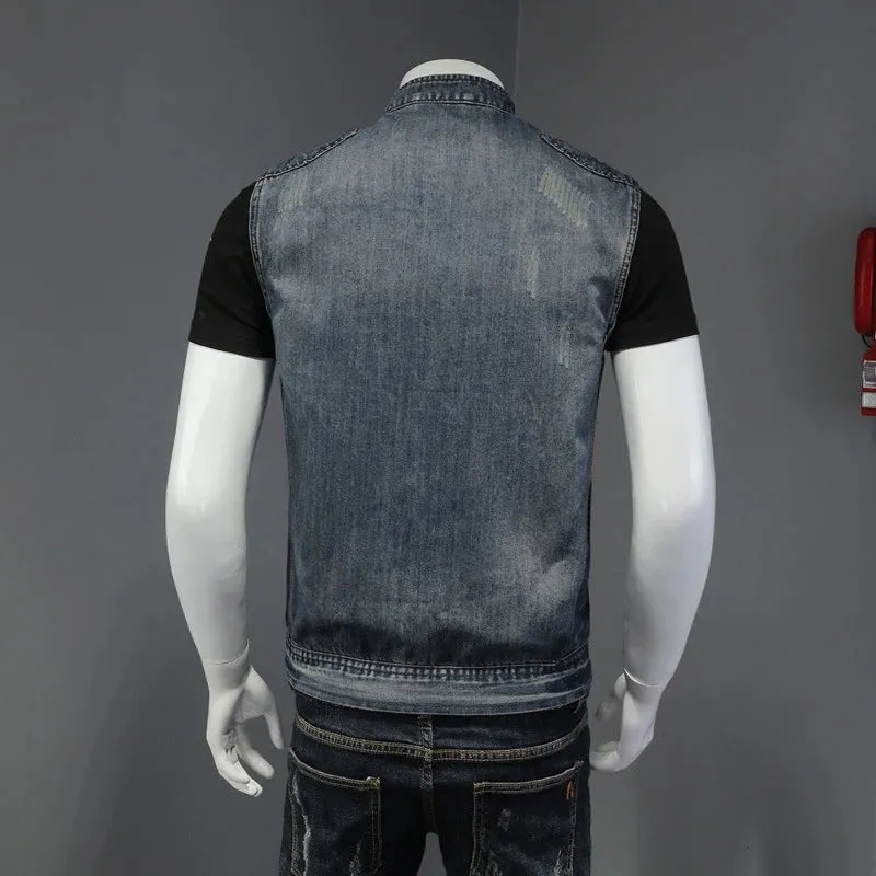 DIMUSI Mens Denim Vests Vintage Fashion Design Retor Sleeveless Jackets Men Streetwear Ripped Hole Punk Jean Waistcoats Clothing