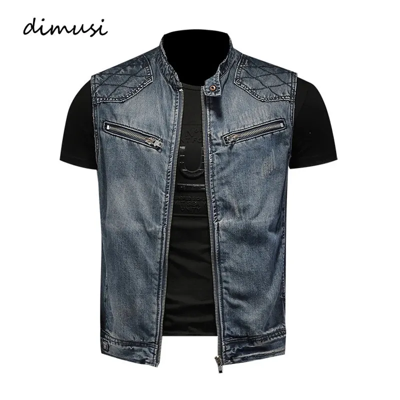 DIMUSI Mens Denim Vests Vintage Fashion Design Retor Sleeveless Jackets Men Streetwear Ripped Hole Punk Jean Waistcoats Clothing