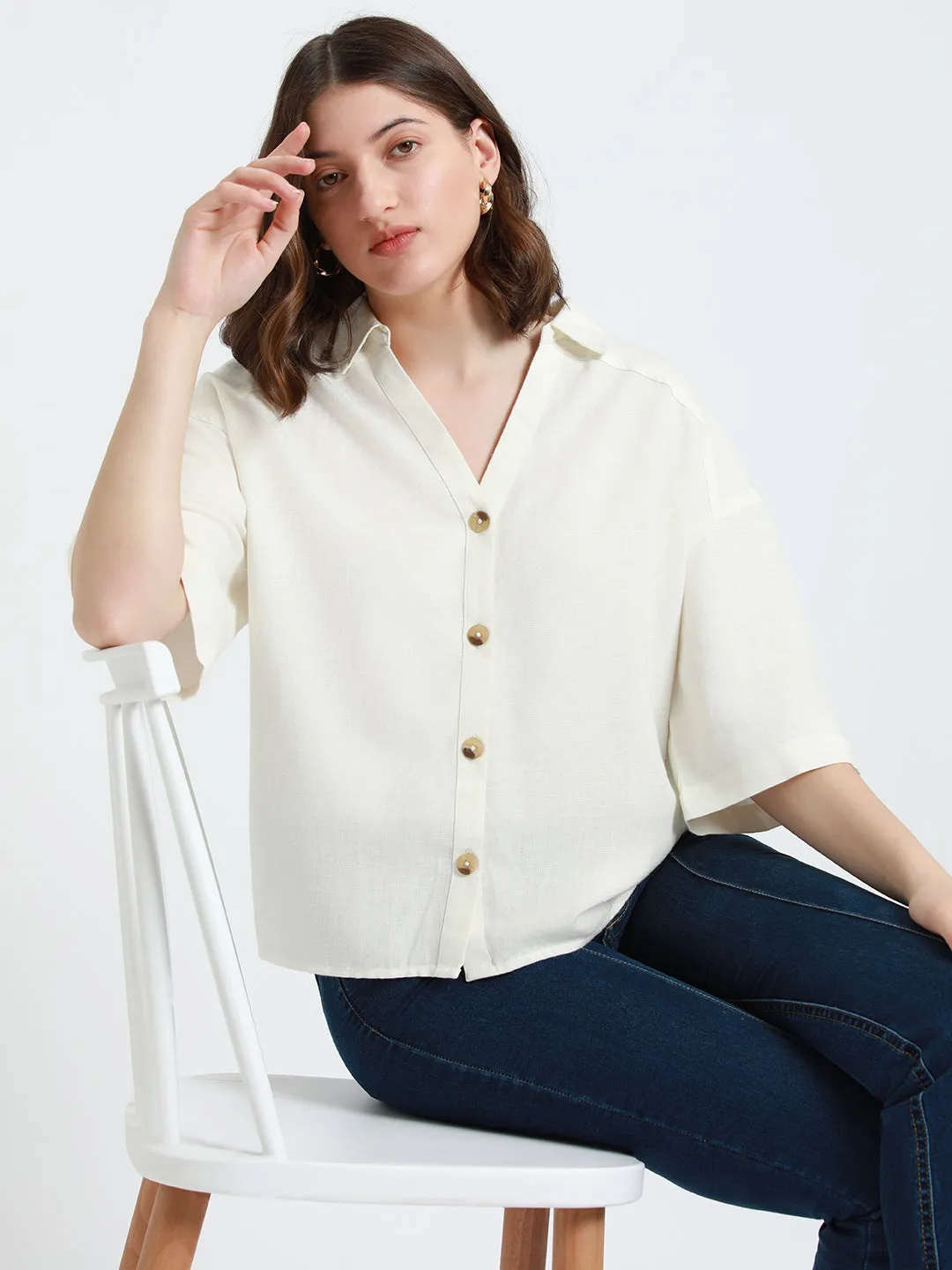 DL Woman Shirt Collar Relaxed Fit Off White Shirt