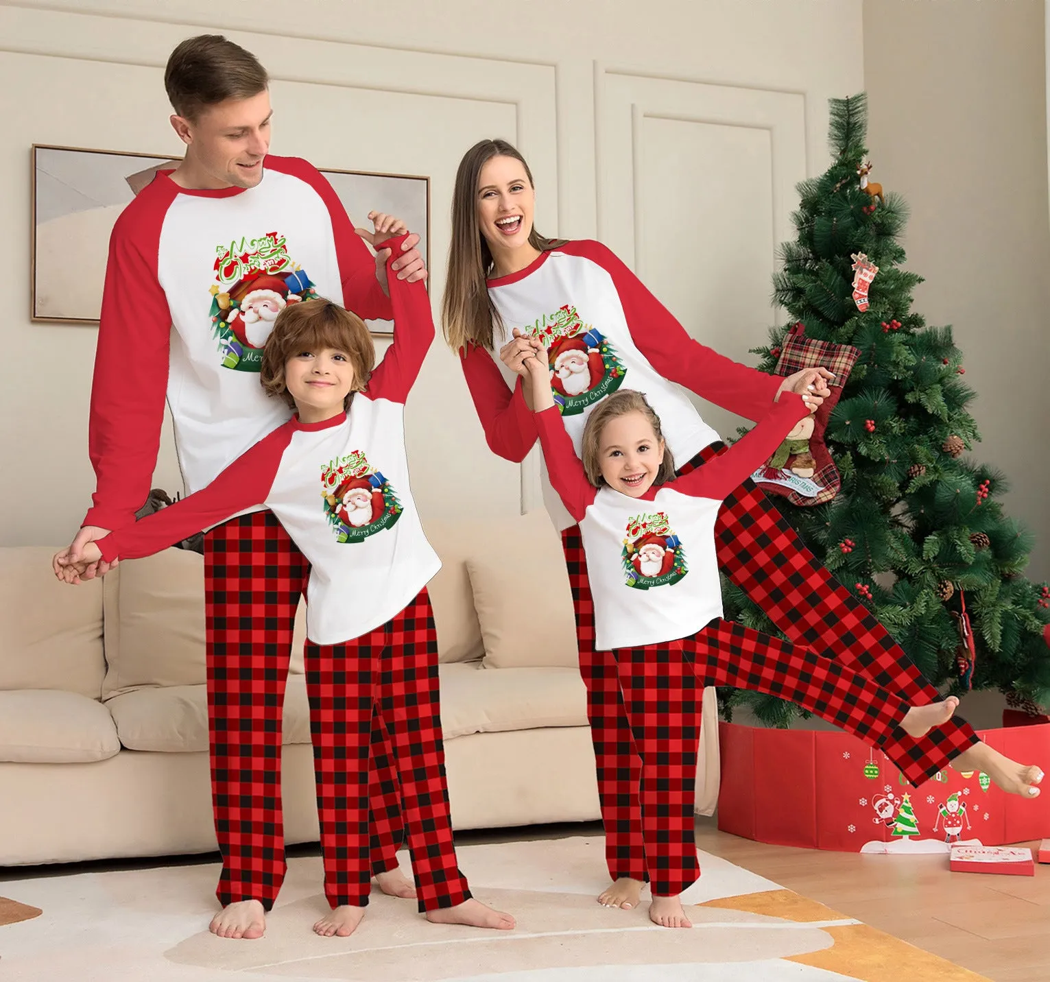 Festive Family Matching Pajama Set – Christmas Long Sleeve T-Shirts & Plaid Pants