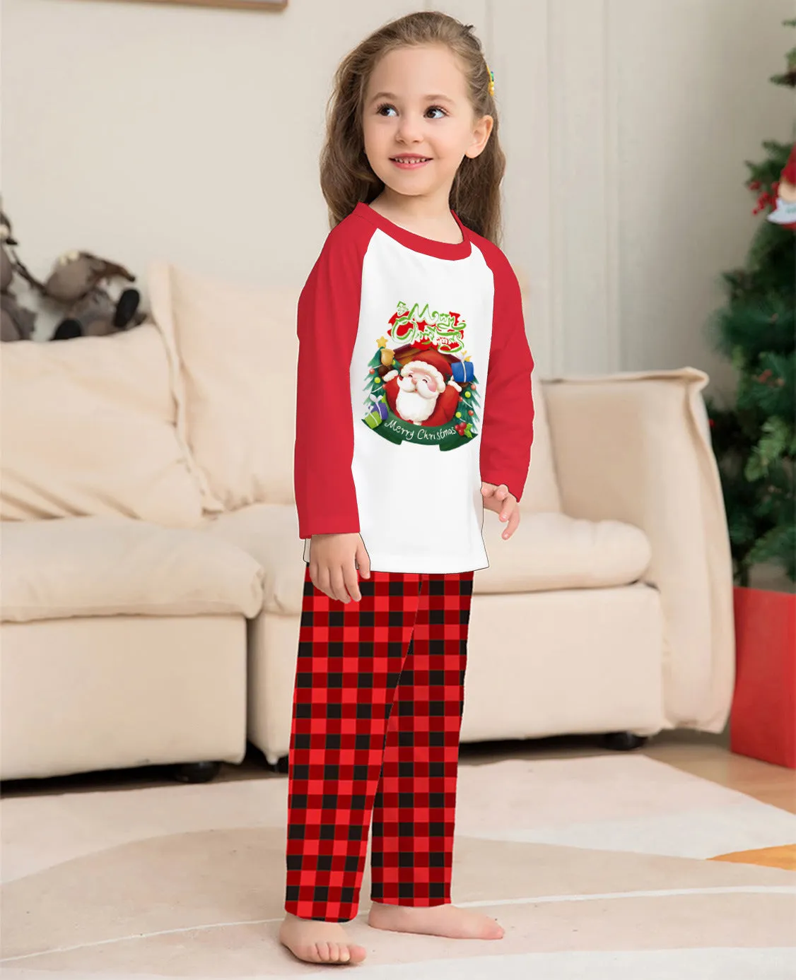 Festive Family Matching Pajama Set – Christmas Long Sleeve T-Shirts & Plaid Pants