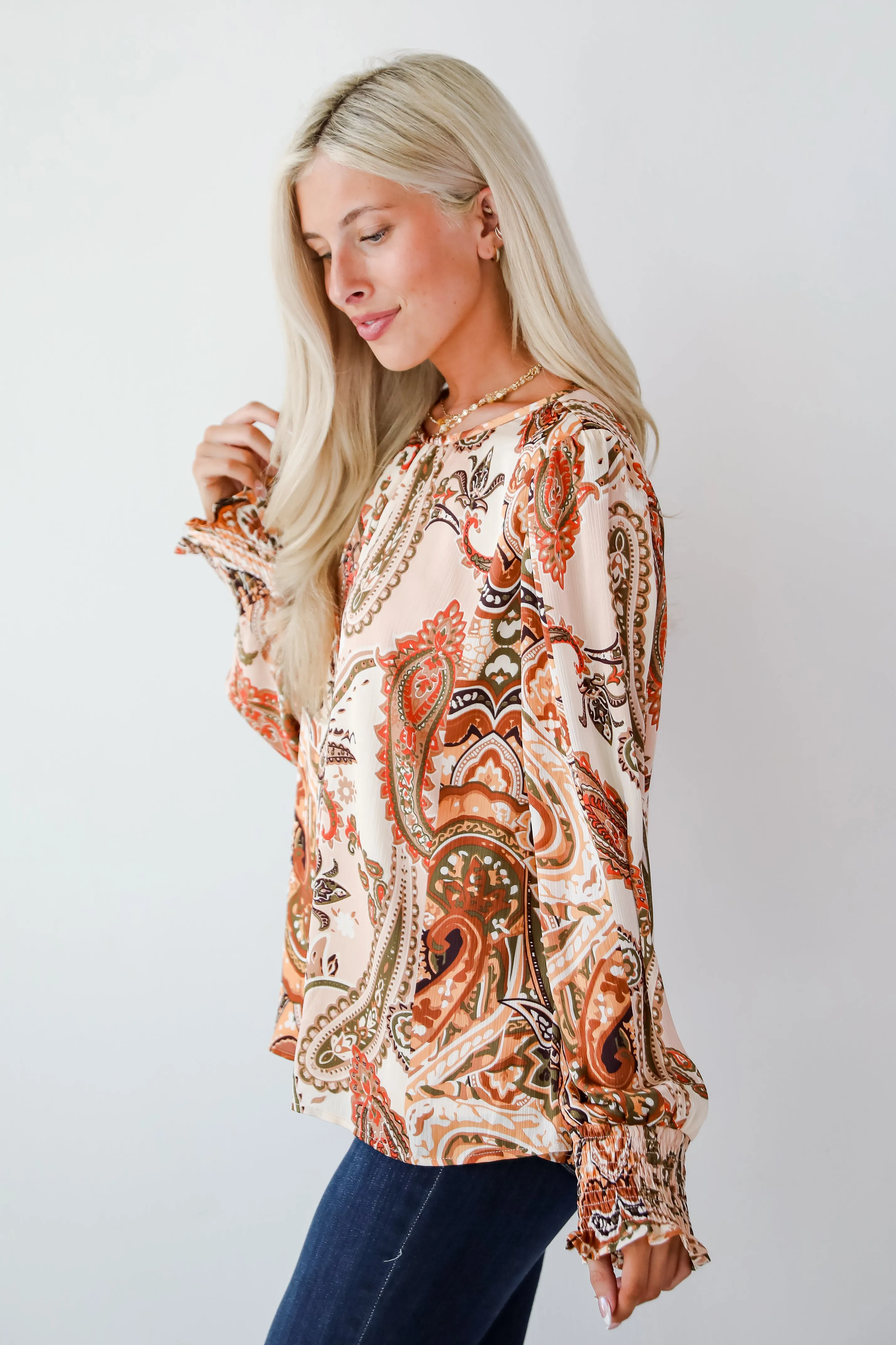 FINAL SALE - Attractive Influence Taupe Floral Paisley Blouse