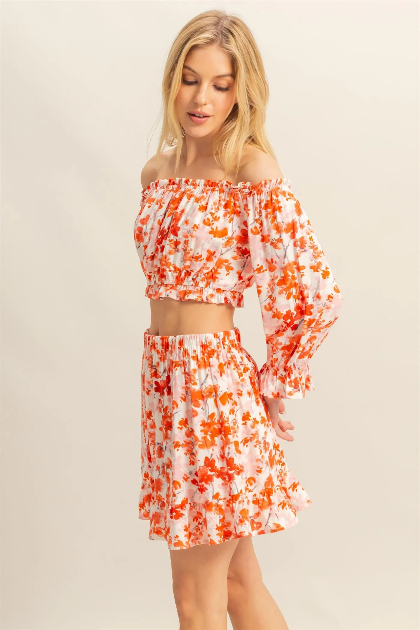 HF25A183-SET-Floral Print Top And Skirts Set