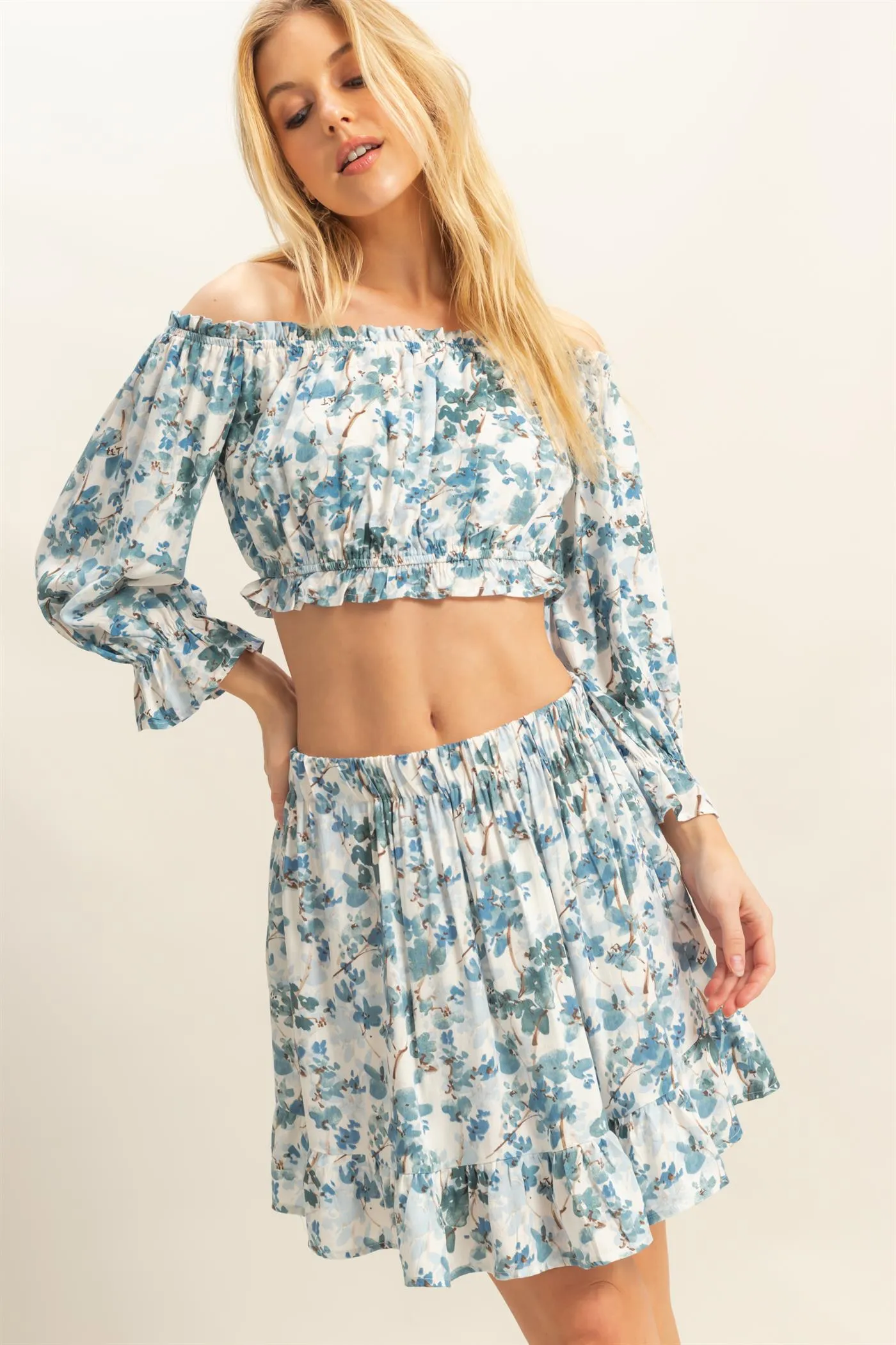 HF25A183-SET-Floral Print Top And Skirts Set