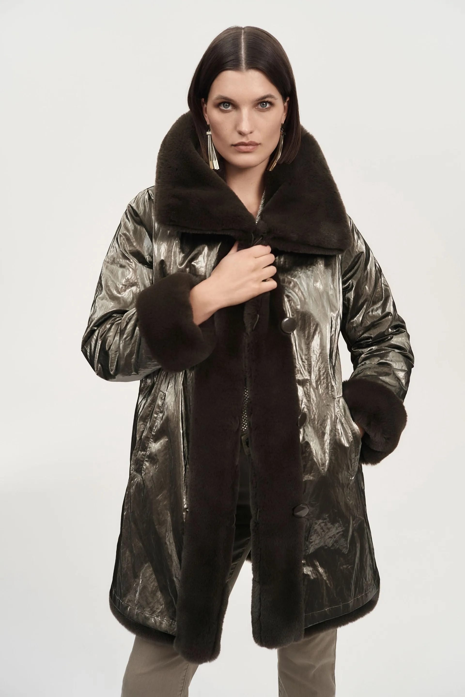 Joseph Ribkoff Reversible Faux Fur Metallic Coat 243904