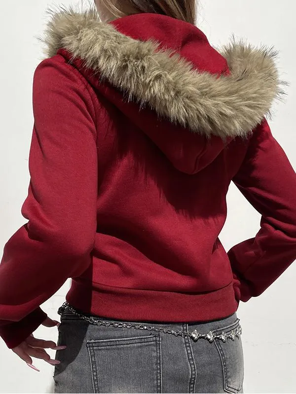 Letter Print Fur Collar Pocket Hoodie