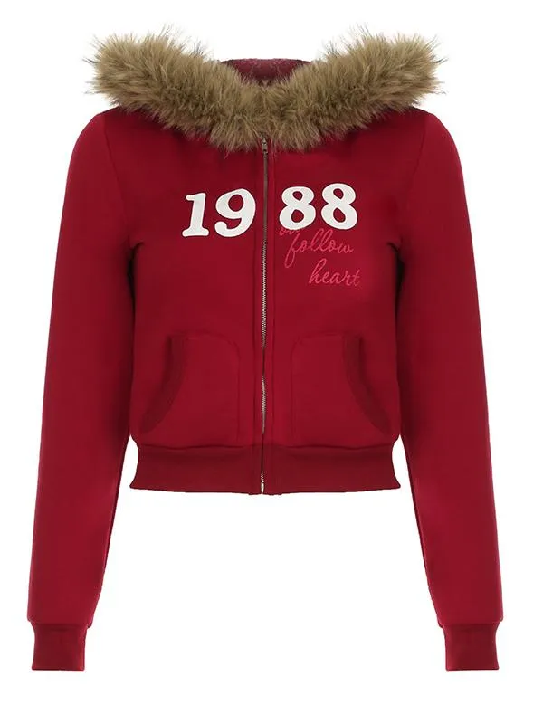 Letter Print Fur Collar Pocket Hoodie