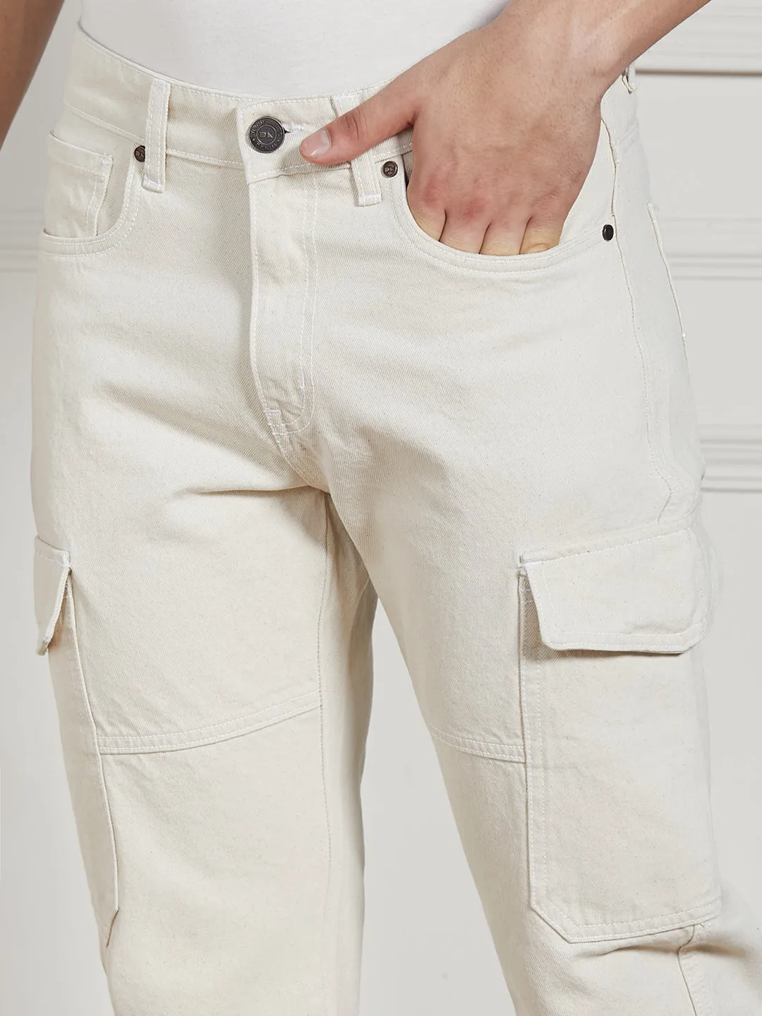 Men's Ecru Cotton Solid Relaxed fit Jeans