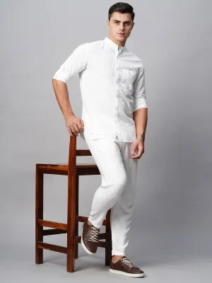 Men's White Cotton Linen Regular Fit Shirt