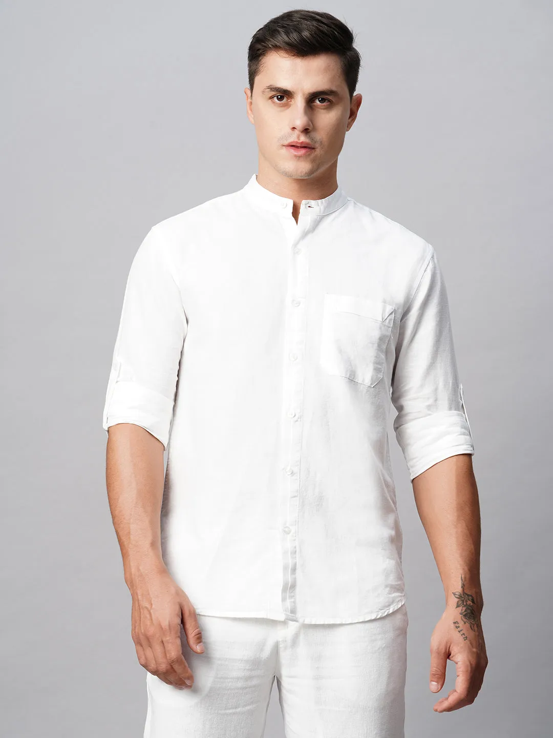 Men's White Cotton Linen Regular Fit Shirt