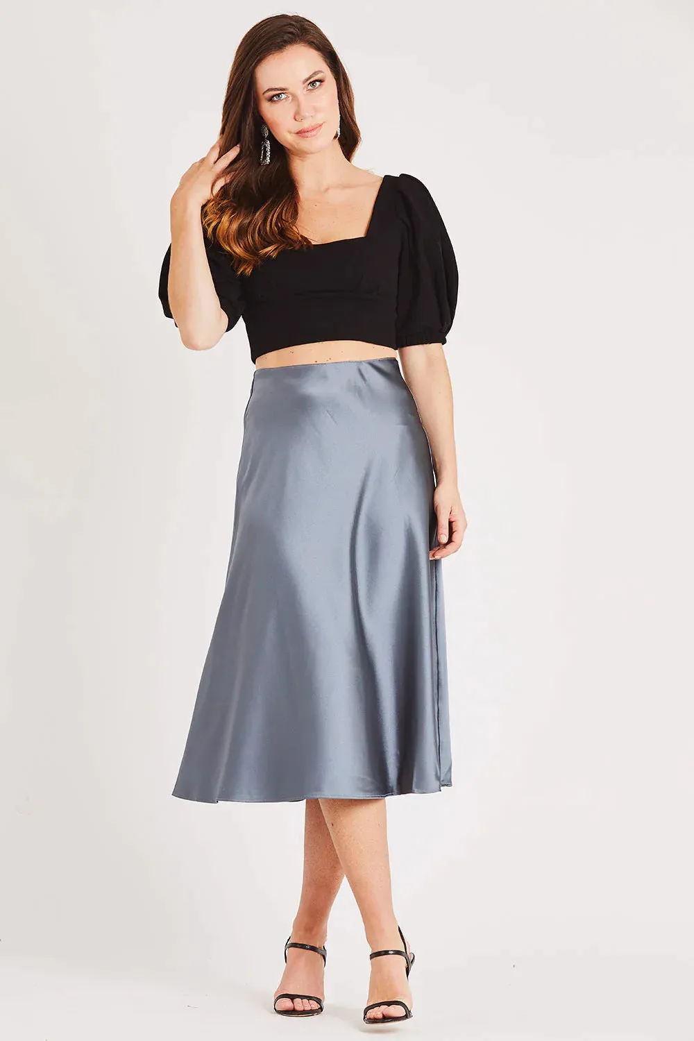 MERA GREY BLUE FLOWY SATIN SKIRT