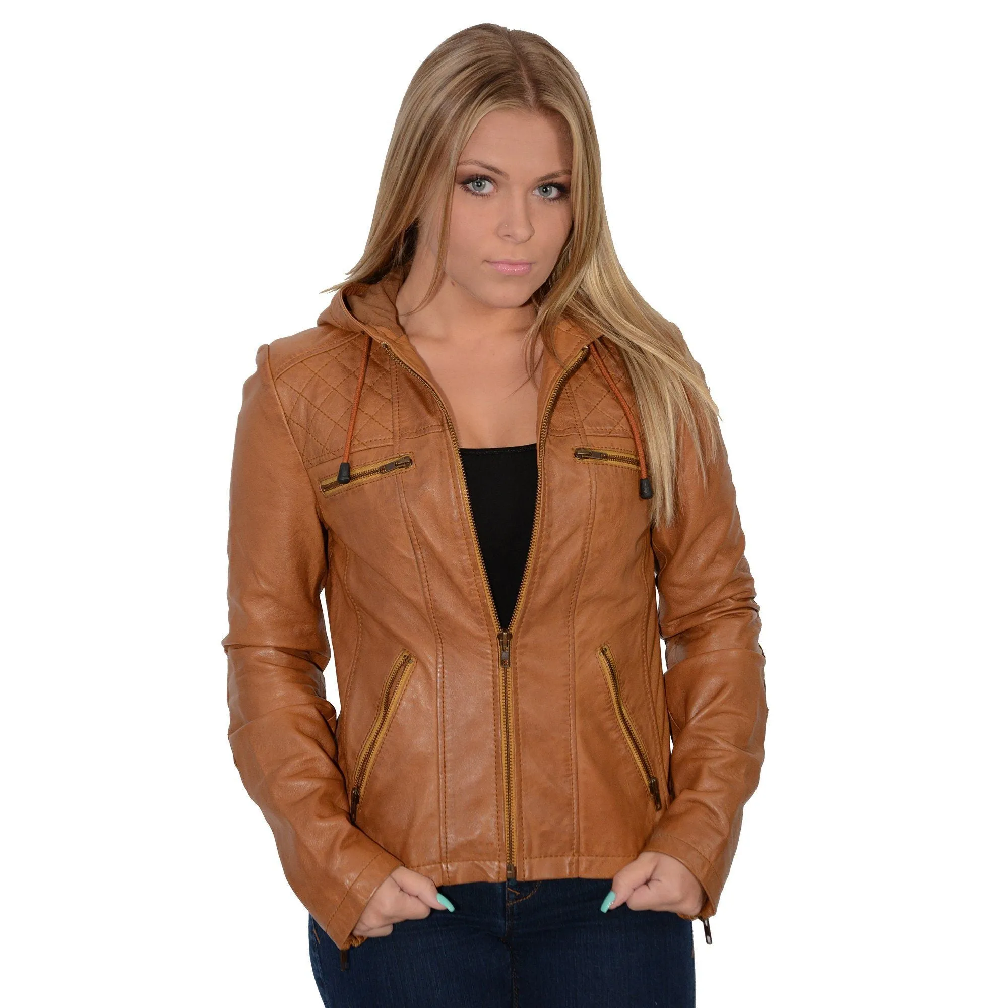 Milwaukee Leather-SFL2810-Ladies Cognac Hooded Scuba Leather Jacket with Draw String