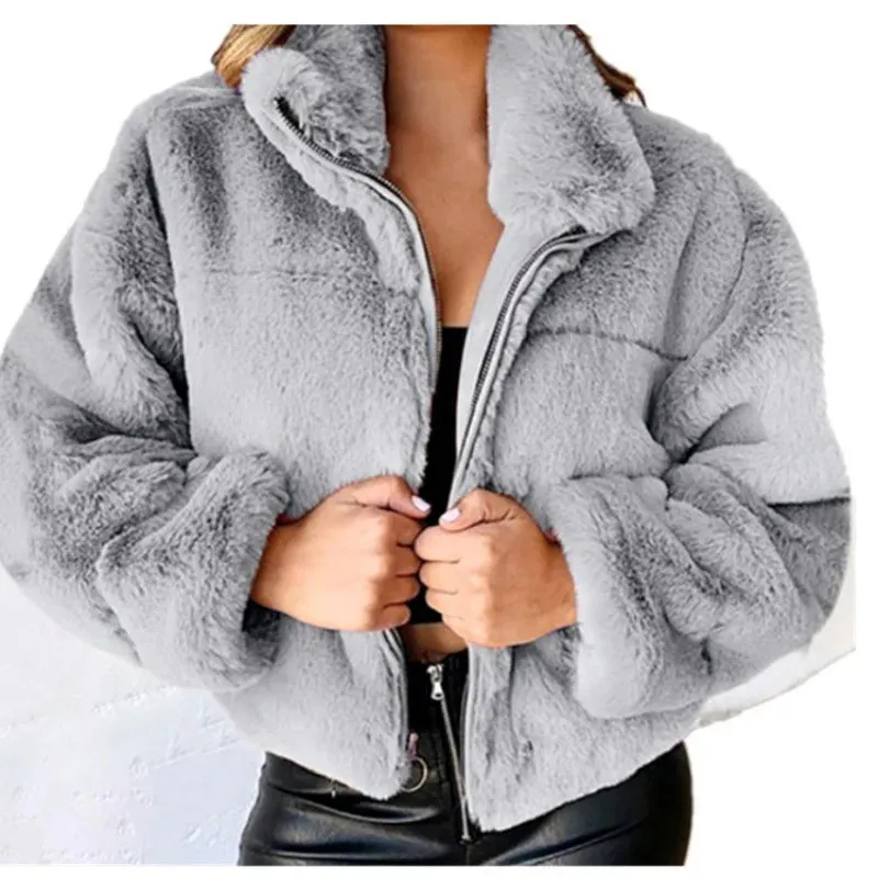 New Women's Autumn Winter Faux Fur Short Coats Zipper Cardigan Plush Warm Coat Female Oversized Outerwear Overcoat Thick Jacket