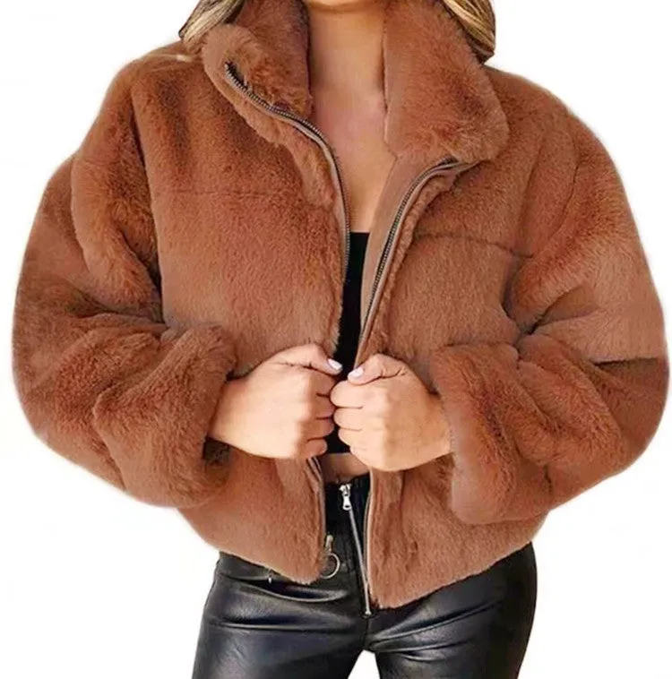 New Women's Autumn Winter Faux Fur Short Coats Zipper Cardigan Plush Warm Coat Female Oversized Outerwear Overcoat Thick Jacket