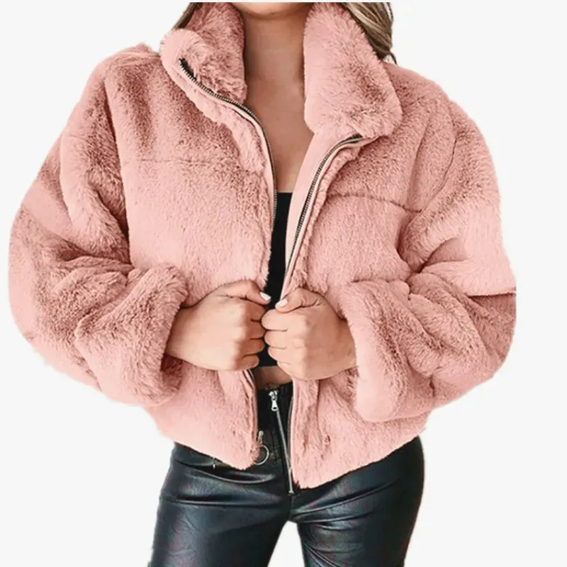 New Women's Autumn Winter Faux Fur Short Coats Zipper Cardigan Plush Warm Coat Female Oversized Outerwear Overcoat Thick Jacket