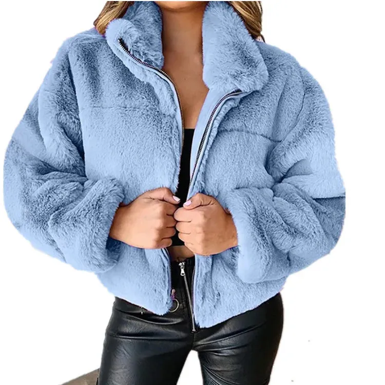 New Women's Autumn Winter Faux Fur Short Coats Zipper Cardigan Plush Warm Coat Female Oversized Outerwear Overcoat Thick Jacket