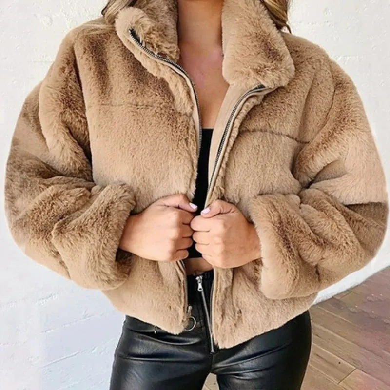 New Women's Autumn Winter Faux Fur Short Coats Zipper Cardigan Plush Warm Coat Female Oversized Outerwear Overcoat Thick Jacket