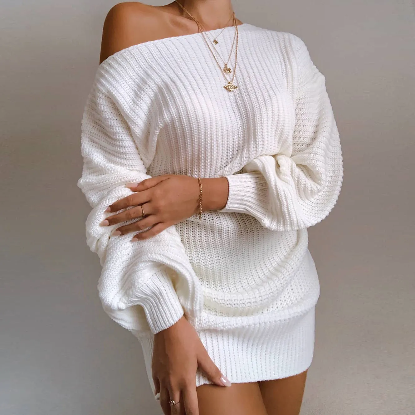 OrangeA Women Off Shoulder Knitted Sweater Dress Autumn  Winter Loose Long Sleeve Solid Ladies Tunic Elegant Streetwear Dresses