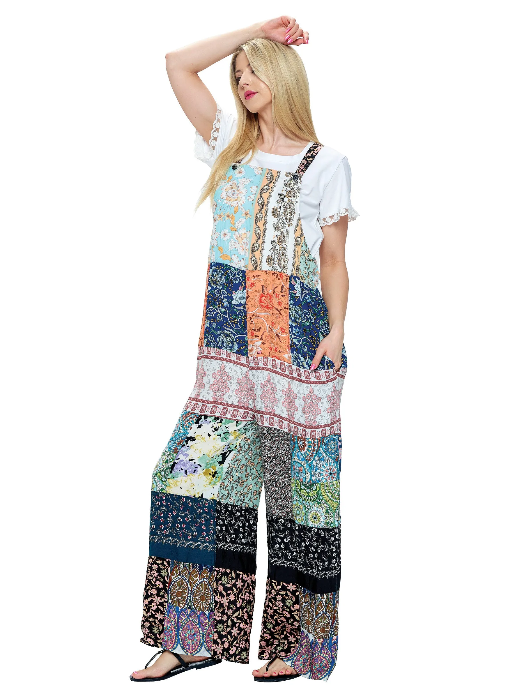 Overall Boho Jumpsuit Patchwork Floral Wide Leg