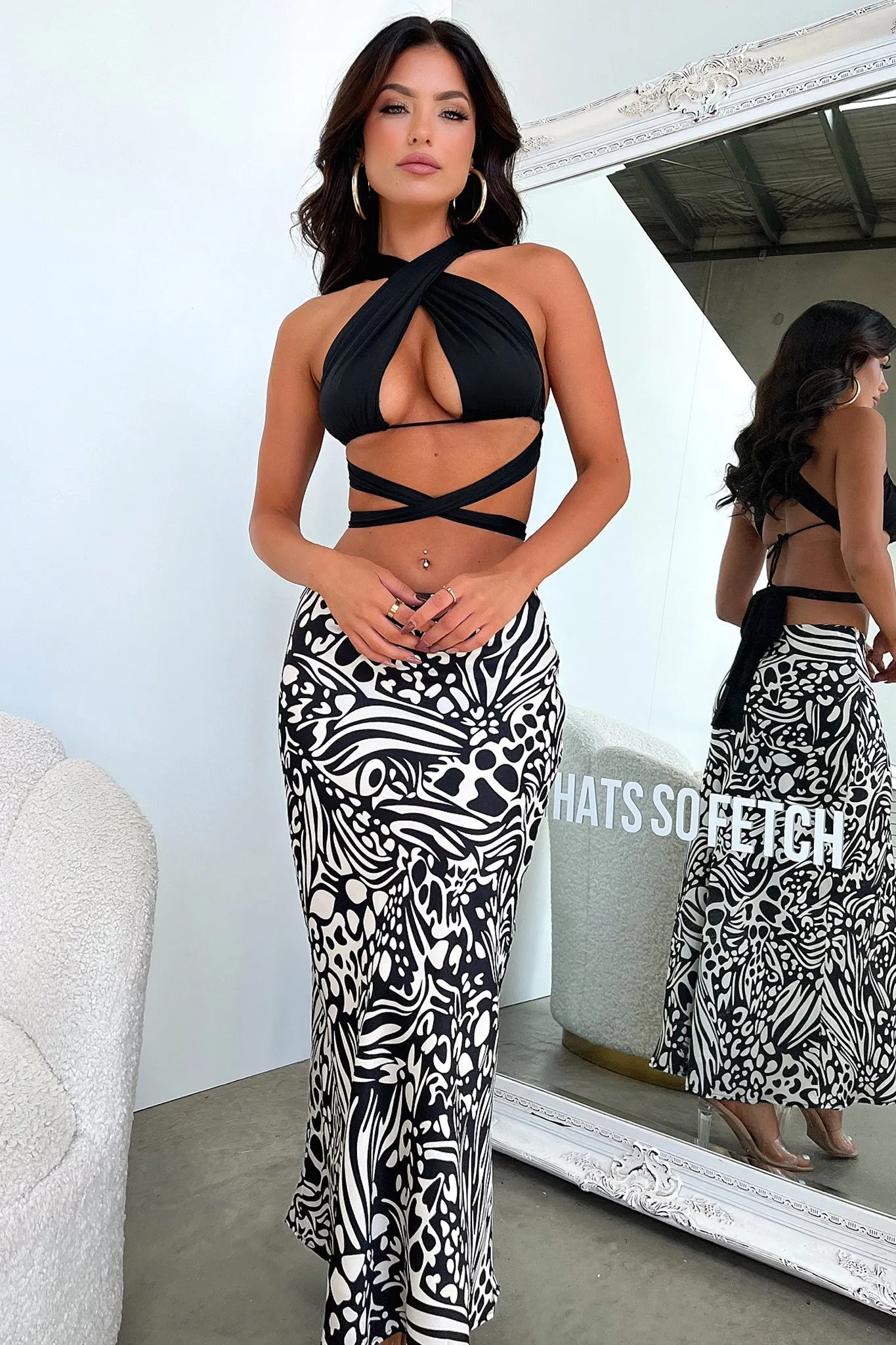 Santorini Maxi Skirt - Black / White Print