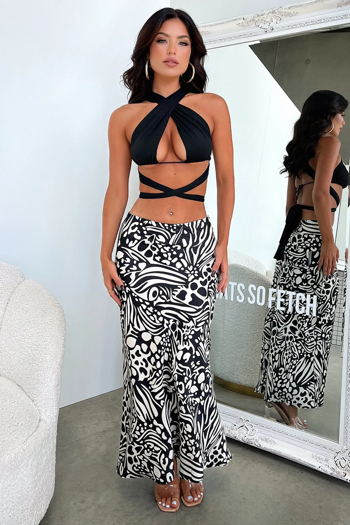 Santorini Maxi Skirt - Black / White Print