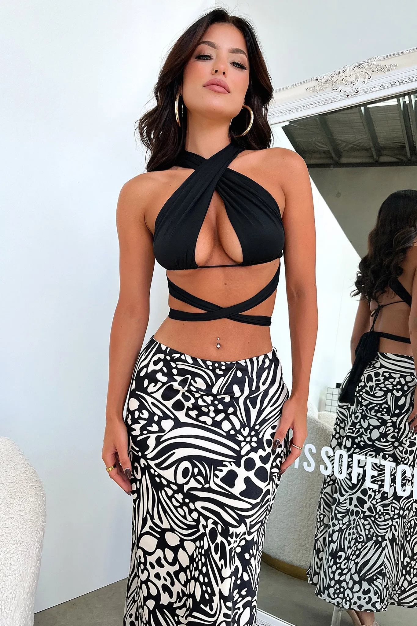 Santorini Maxi Skirt - Black / White Print