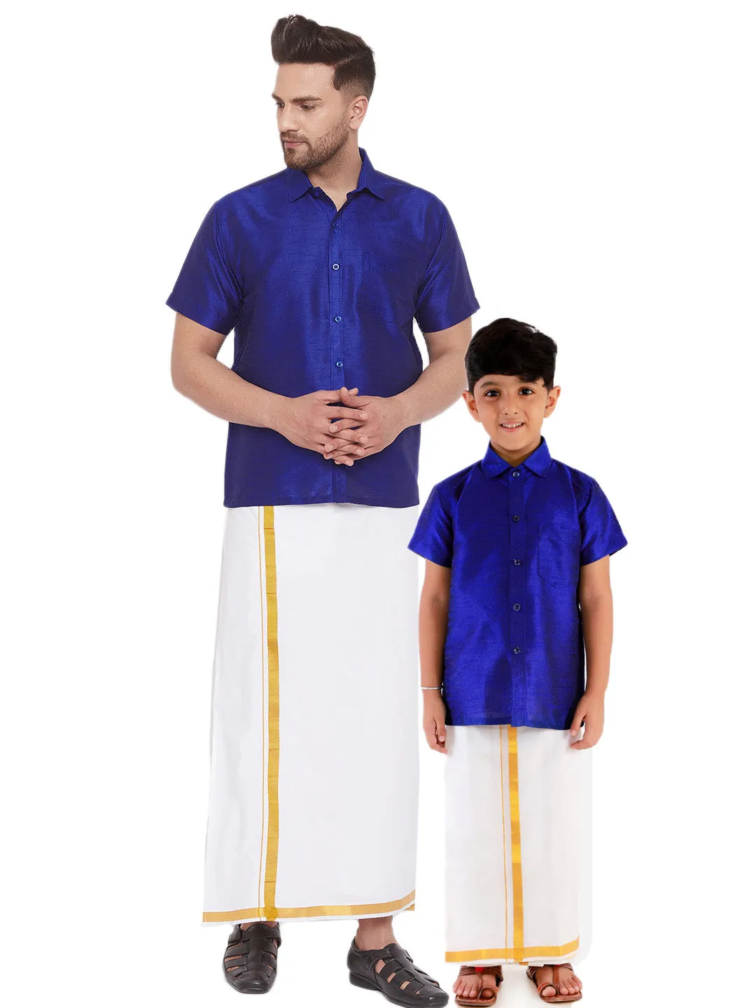 VASTRAMAY Men's & Boys Blue Solid Silk Blend Half Sleeve Ethnic Shirt And Mundu Set