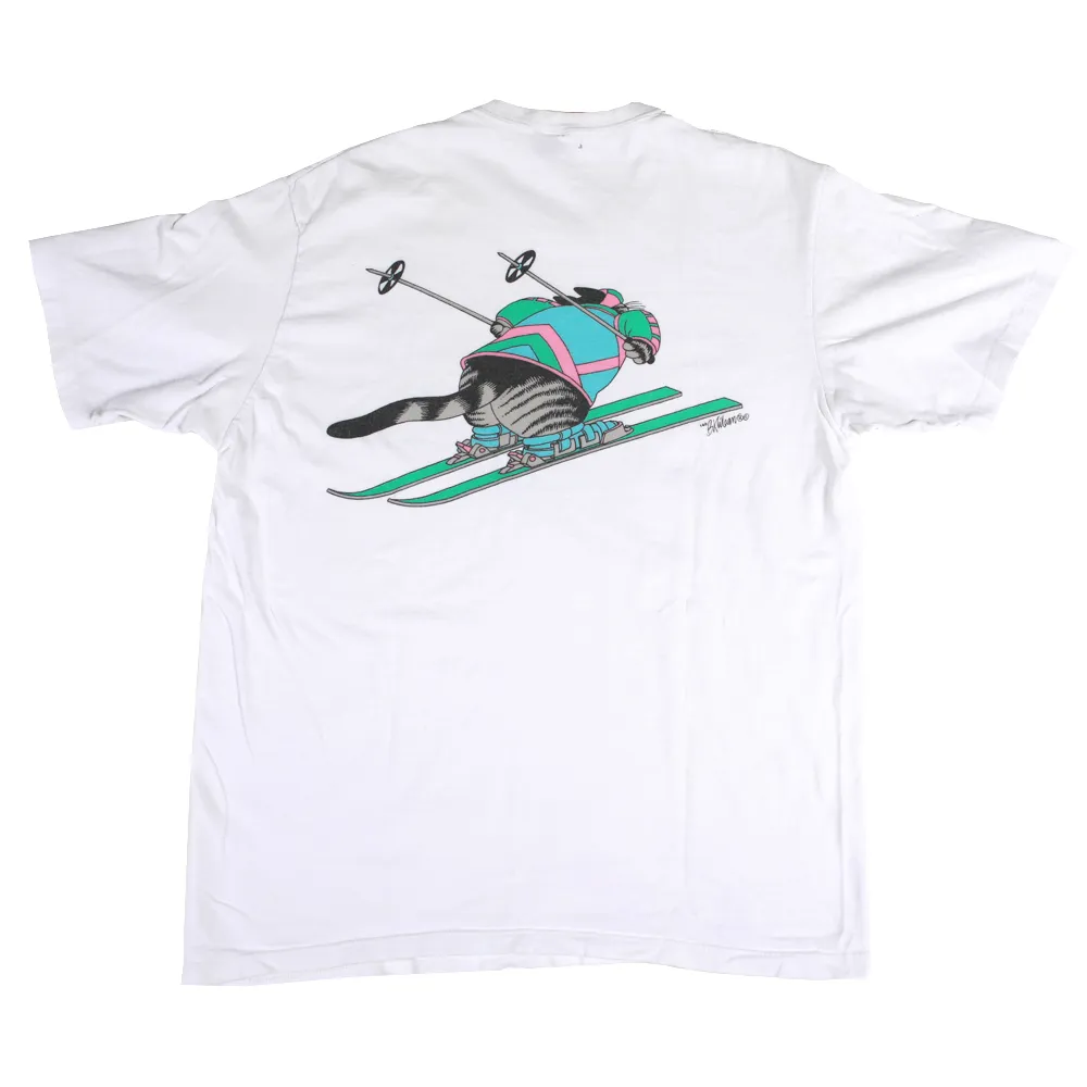 Vintage Skiing Cat Tee White L