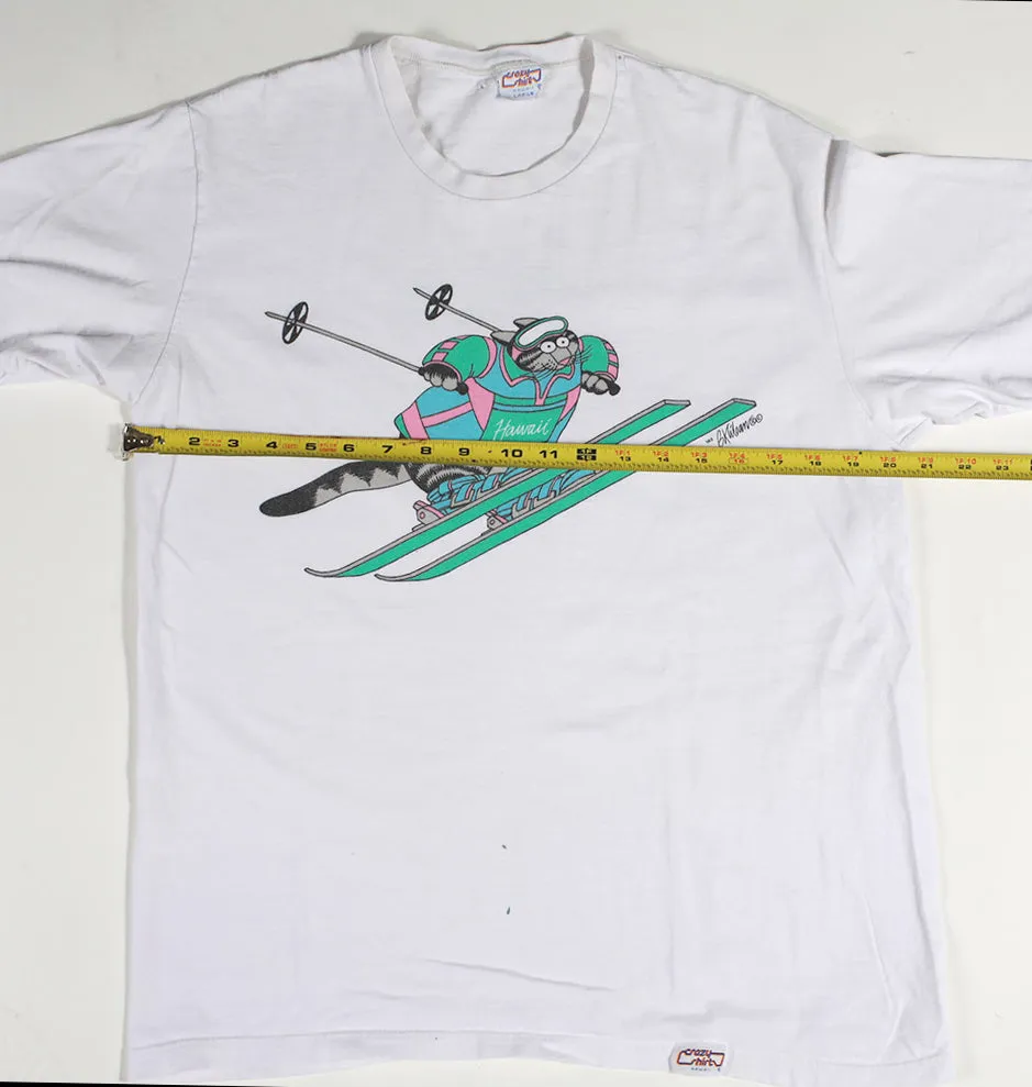 Vintage Skiing Cat Tee White L