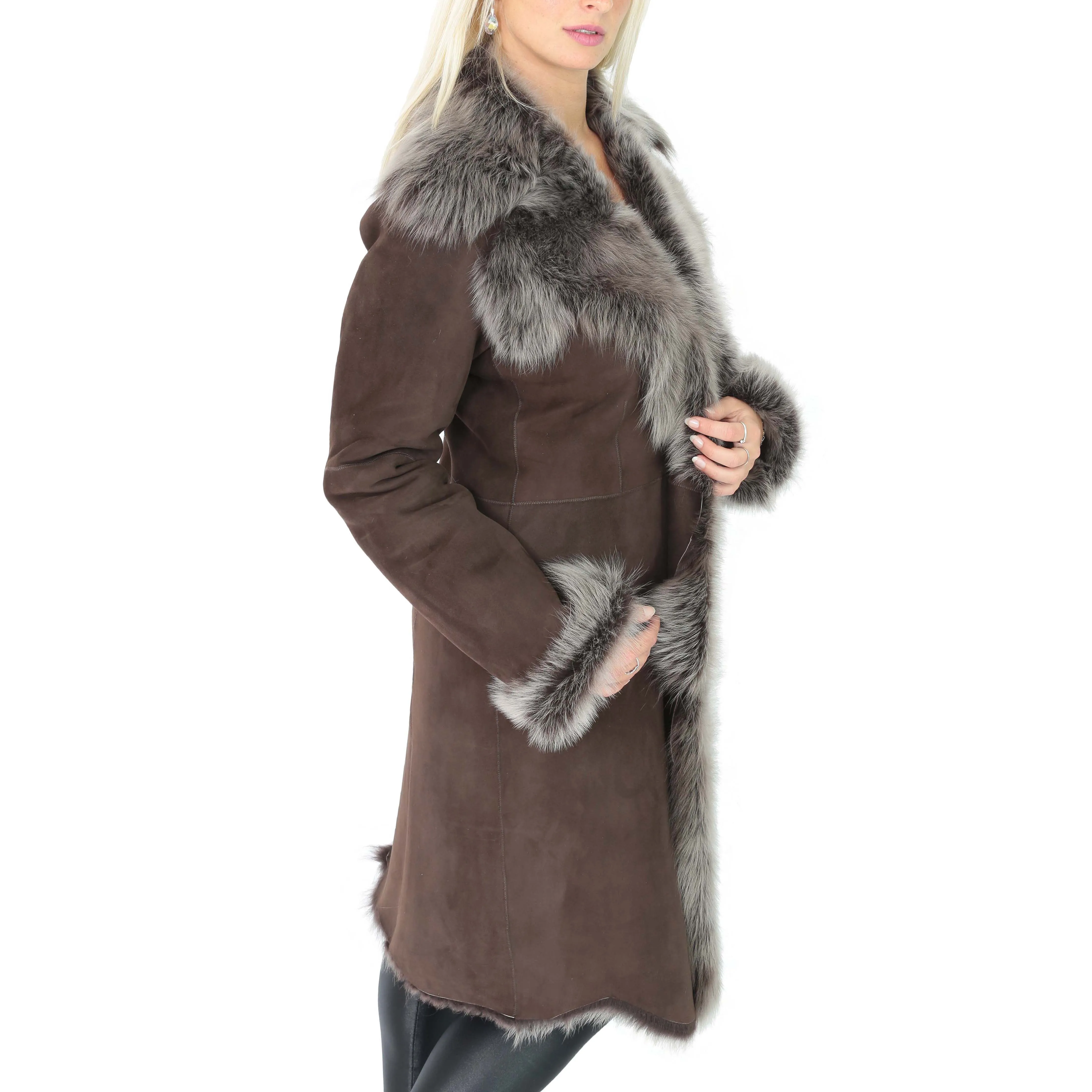 Womens Luxurious Toscana Long Coat Real Sheepskin Pamela Brown