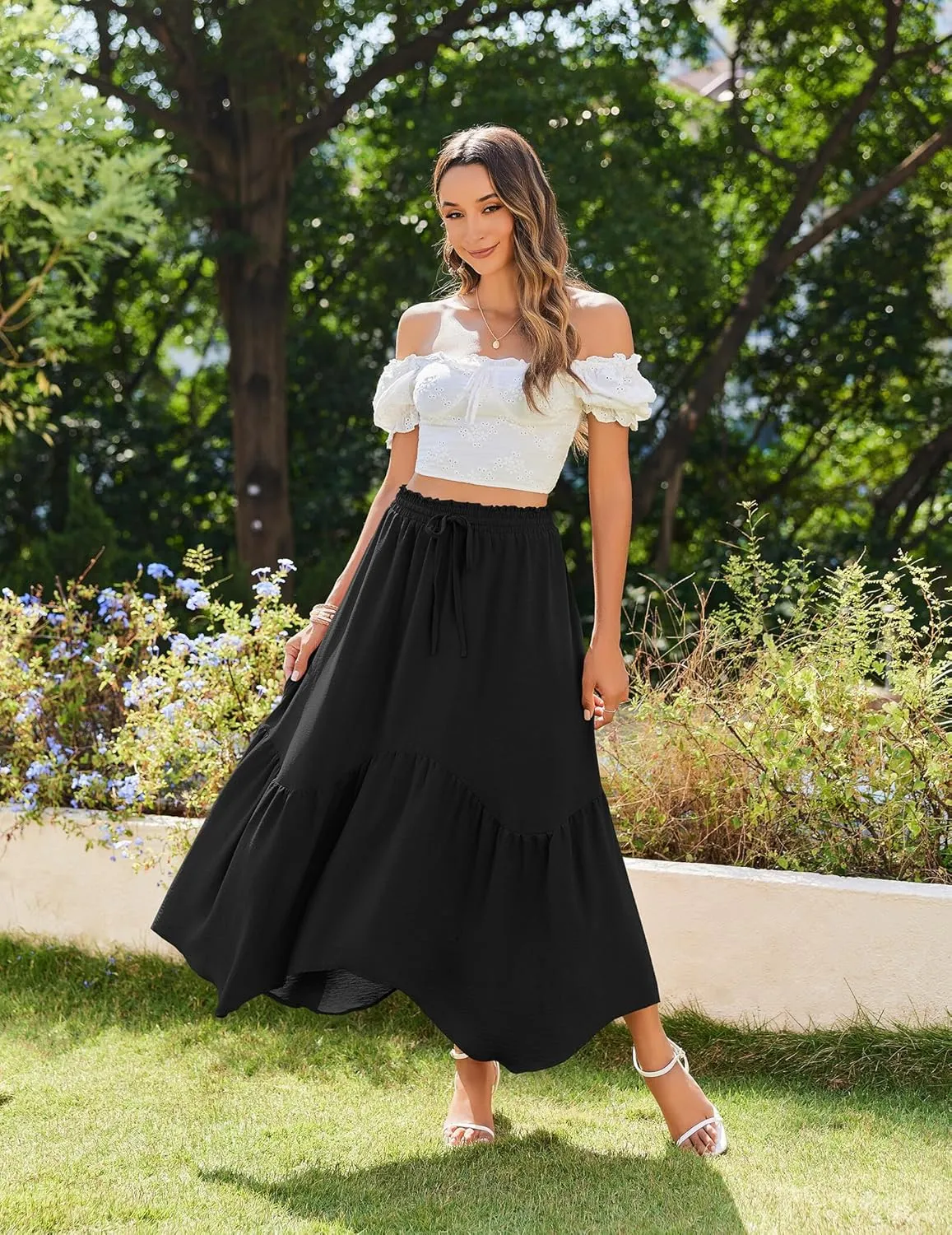 Zeagoo Women High Waisted Long Skirt Flowy Drawstring Maxi Skirt